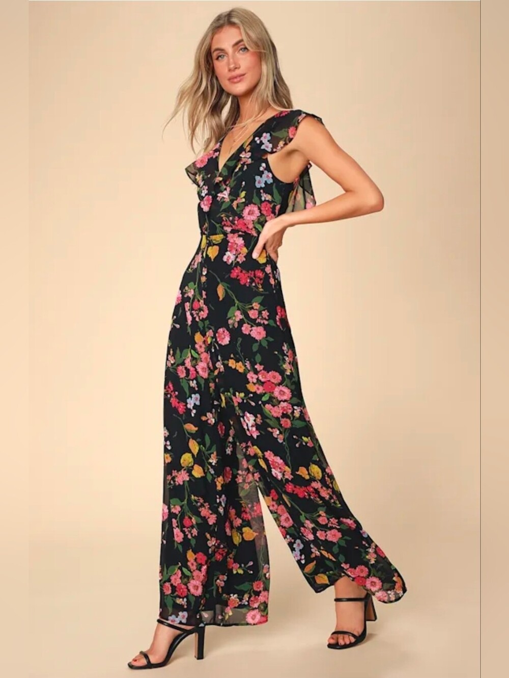 Lulus Blooming Love Black Floral Print Ruffled Jumpsuit Small